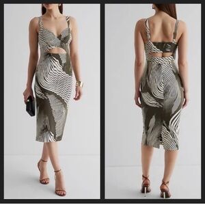Express Abstract Olive & White Sexy Cutout Midi Dress 8/10